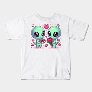 Cosmic Love: Aliens Sharing Earthly Affection Kids T-Shirt